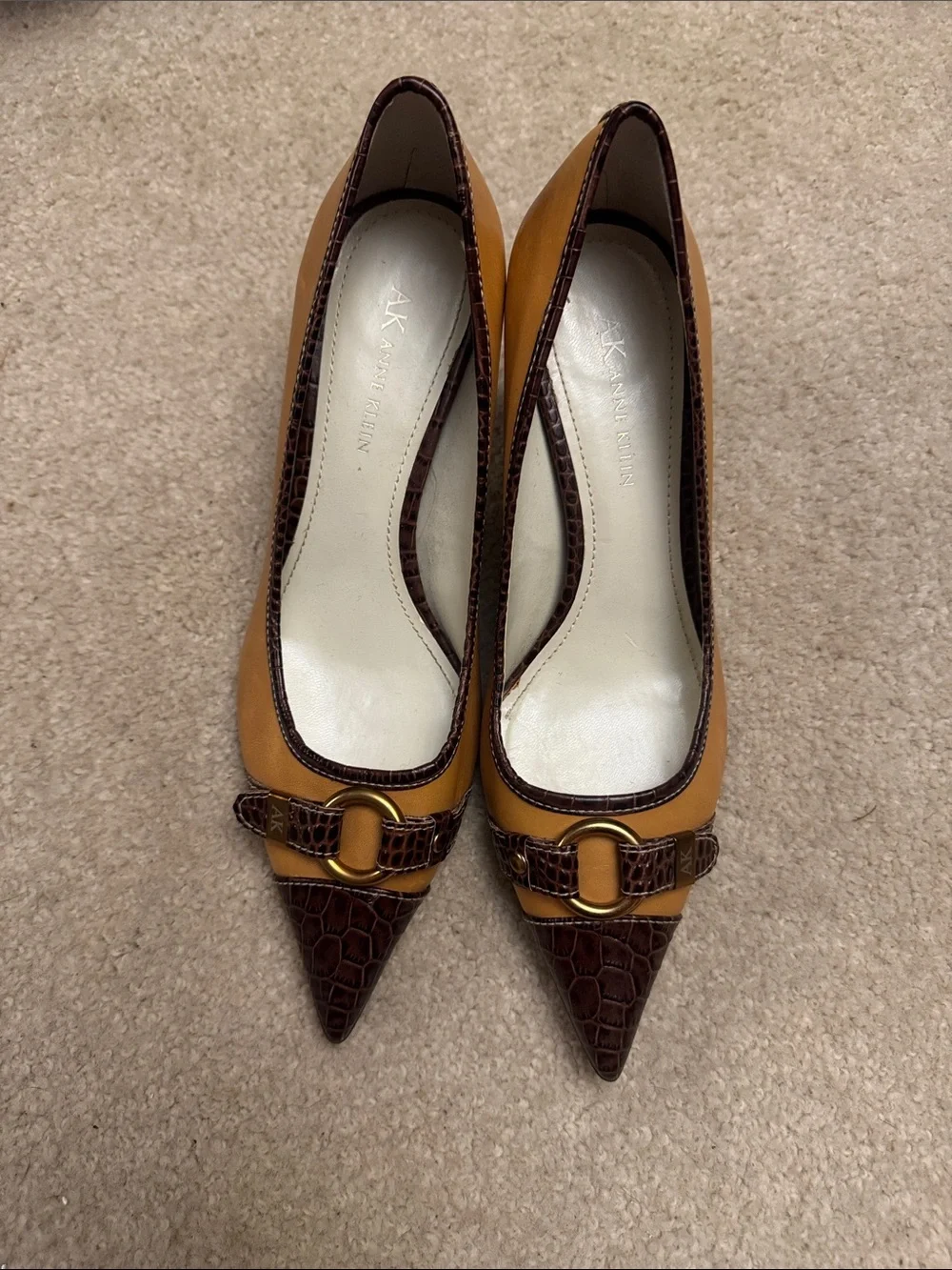 Anne Klein Mustard Yellow & Dark Brown Croc-Trim Pointed-Toe Pumps